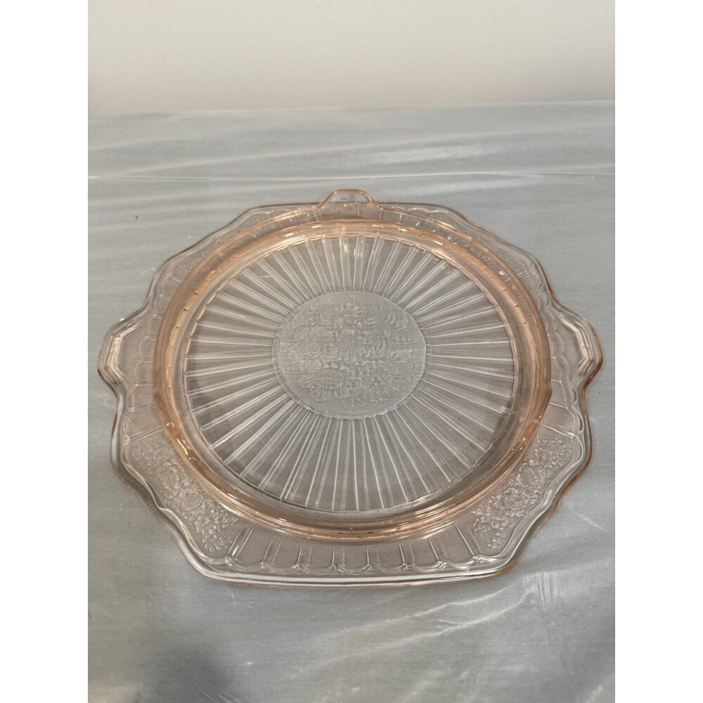 Vintage Pink Depression Glass Handled Serving Plate Floral Sunray Pattern